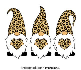 Leopard gnomes with hearts. Happy Valentines Day vector card. Cartoon style. Illustration. Holiday symbols. Isolated on white background. For paper cutting, printing on T-shirt, sublimation.