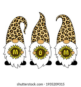 Leopard gnomes with sunflower. Mom phrase. Happy Mothers Day vector card. Cartoon style. Illustration. Holiday symbols. Isolated on white background. For printing on T-shirt, sublimation.