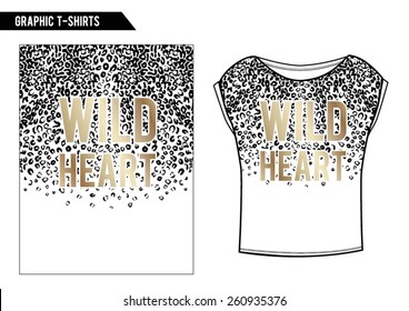 Leopard graphic print with gold foil slogan and t-shirt shape.