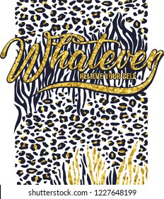Leopard graphic print with gold glitter slogan art
