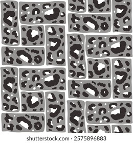 Leopard grey monochrome camouflage seamless pattern. Animal print black and white endless background. Cheetah or panther skin texture modular repeat bg. Bento grid ornament. Vector illustration.