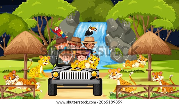 Leopard group in Safari scene with children\
in the tourist car\
illustration