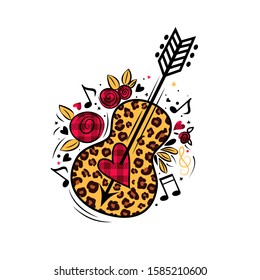 
Leopard Guitar with an arrow piercing the heart. 
Greeting card or print for Valentine's Day. Vector illustration.