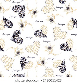 Leopard and handwriting hearts with elegant flowers pattern