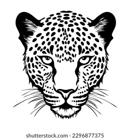 Leopard head. Black and white graphic. Vector illustration on white isolated background. Good for packaging, tattoo, and t-shirt designs.