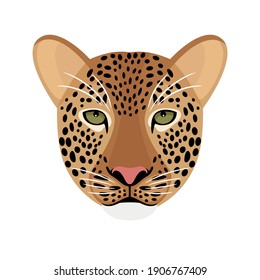 Leopard head. Cartoon front face of aggressive beast, portrait of redhead cat of wildlife, vector illustration symbol of hunting isolated on white background