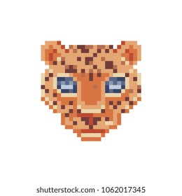 Leopard head face pixel art icon isolated vector illustration. Brazilian, African, Indian animal. Element design for stickers, logo, embroidery, mobile app.