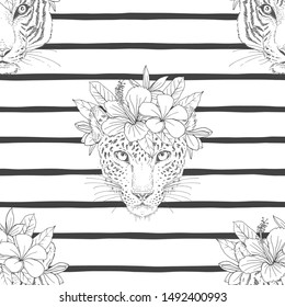 Leopard head with flower wreath seamless pattern. Wild cheetah and tiger faces sketch on striped backdrop. Staring jaguar with exotic Hibiscus, Plumeria blossom. Animalistic textile, wallpaper design