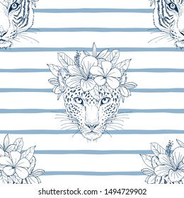 Leopard head with flower wreath seamless pattern. Wild cheetah and tiger faces sketch on striped backdrop. Staring jaguar with exotic Hibiscus, Plumeria blossom. Animalistic textile, wallpaper design