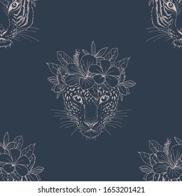 Leopard head with flower wreath vector seamless pattern. Wild cheetah and tiger faces sketch backdrop. Staring jaguar with exotic Hibiscus, Plumeria blossom. Animalistic textile, wallpaper design