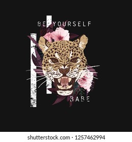 Leopard head with flowers. Be yourself babe slogan. Typography graphic print, fashion drawing for t-shirts. Vector stickers, print, patches vintage rock style