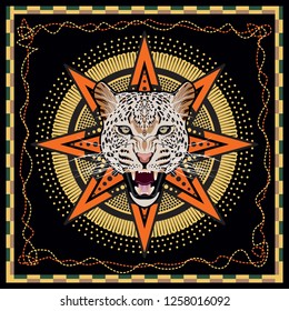 Leopard head with geometric pattern in frame. Hand drawn. Shawl, scarf, bandanna, kerchief, silk print for fabric. - vector