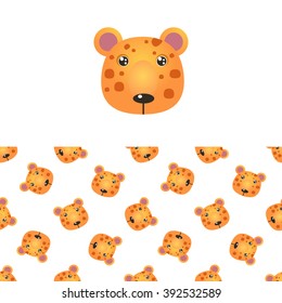 Leopard Head Icon And Seamless Decorative Pattern In Childish Style  Flat Vector Print On White Background