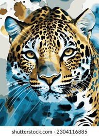 leopard head Leopard Jaguar. Abstract, graphic, colourful in blue colors artistic portrait of a leopard on a splash background watercolour