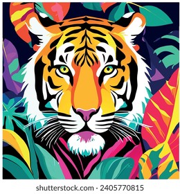 Leopard head. Multicolor graphic. Vector illustration on tropical background. Good for packaging, tattoo, and t-shirt designs.