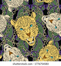 Leopard head on a graphic background. Separate image of animals on chains. Vector seamless pattern.