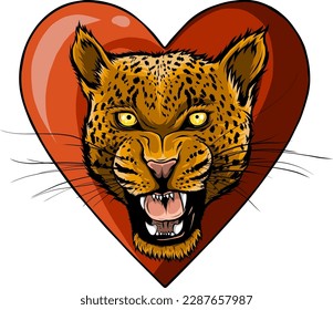 Leopard head on heart vector illustration design on white background. digital hand draw