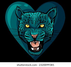 Leopard head on heart vector illustration design on black background. digital hand draw