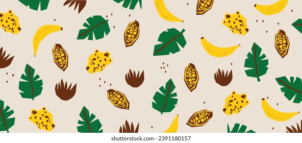 Leopardenmuster mit tropischen Blättern, Bananen und Kakao. Vektornahtlose Textur-Design