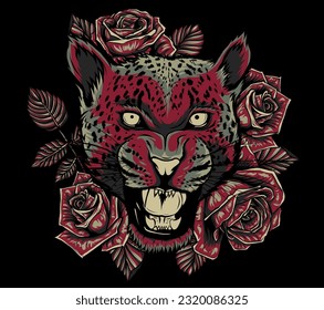 leopard head with roses on black background vector illustration