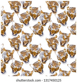 Leopard head seamless pattern.Leopards head drawing.Vector print.