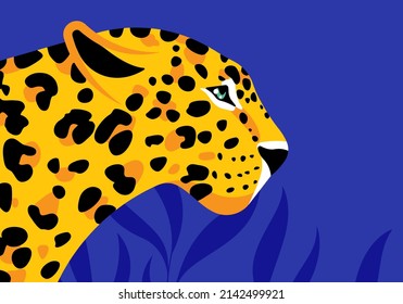 Leopard head. Silhouette of yellow leopard among tropical bush and leaves. Side view wildcat. Modern contemporary style. Vivid panther on blue backdrop. Modern illustration for cover, poster, card.
