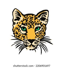 Leopard head vector colored hand drawn graphic print for t-shirt, cover, cup, sticker, logo, label, tattoo. Wild cat muzzle isolated.