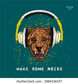 A leopard in headphones on a background of blots. Vector illustration