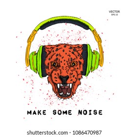A leopard in headphones on a background of blots. Vector illustration