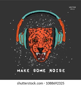 A leopard in headphones on a background of blots. Vector illustration