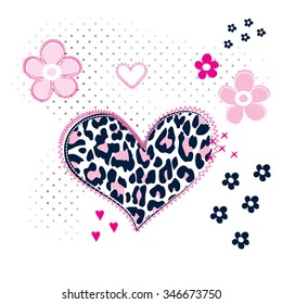 leopard heart with flower on white background, love card, T-shirt design vector illustration