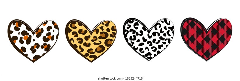 Leopard Heart. Hearts with buffalo plaid and wild animal skin background. Valentines Hearts, Plaid Heart, Leopard Heart for t-shirt. Happy Valentines Day. 
