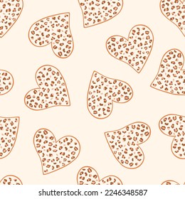 Leopard heart seamless pattern, beige jaguar print, Valentines day romantic hearts repeate background. Safari wild textured fashion print, fabric, textile. Wild cat stylized spot. Vector illustration.