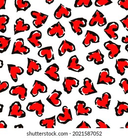 Leopard heart seamless pattern. Vector animal print. Black and red spots on white background. Jaguar, leopard, cheetah, panther fur. Leopard skin imitation can be painted on clothes or fabric.