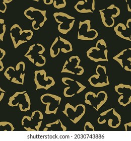 Leopard heart seamless pattern. Vector animal print. Gold spots on black background. Jaguar, leopard, cheetah, panther fur. Leopard skin imitation can be painted on clothes or fabric.