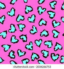 Leopard heart seamless pattern. Vector animal print. Black and turquoise spots on pink background. Jaguar, leopard, cheetah, panther fur. Leopard skin imitation can be painted on clothes or fabric.