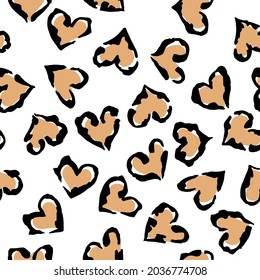 Leopard heart seamless pattern. Vector animal print. Black and beige spots on white background. Jaguar, leopard, cheetah, panther fur. Leopard skin imitation can be painted on clothes or fabric.