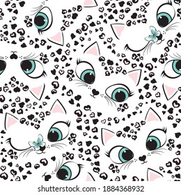 Leopard from hearts and kitten cute faces seamless pattern. Vector illustration.