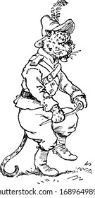 The leopard in human dress with feathered hat breaking sword with front legs, vintage line drawing or engraving illustration