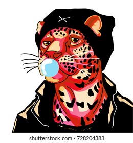 leopard humanization hat biker jacket chewing gum bubble cross vector magenta