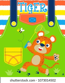 Leopard hunting a bee with fish net in kids apparel pattern
