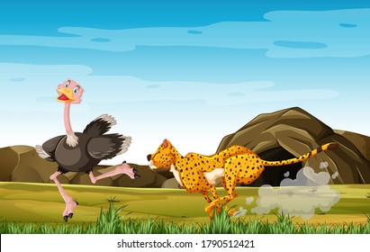 Leopard hunting ostriches in cartoon character on the forest background illustration