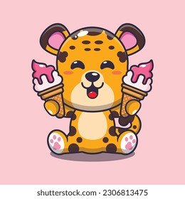 Leopard mit Eis-Cartoon, Vektorgrafik.
Vektorgrafik-Illustration geeignet für Poster, Broschüre, Web, Maskottchen, Aufkleber, Logo und Ikone.