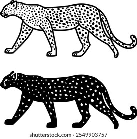 Iconos de leopardo. Ilustración vectorial en blanco y negro. Mamífero depredador, leopardo, gato salvaje. Símbolo de ferocidad y valentía. Para el diseño de libros para colorear. Concepto animal