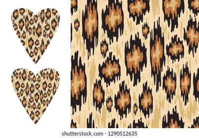 Leopard ikat texture and Distressed ikat pattern and Vector heart shape with wild print.