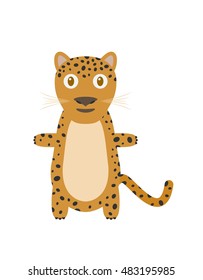 Leopard illustration as a funny character. Wild and dangerous mammal with spotted skin. Small cartoon creature, isolated object in flat design on white background.