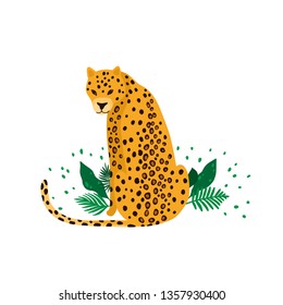 Leopard isolated in white background. Leopard surrounded by tropical palm leaves. Elegant summer vector in trendy style. Can be used poster, greeting card, gift, banner, textile, T-shirt, mug.