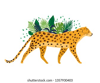 Leopard isolated in white background. Leopard surrounded by tropical palm leaves. Elegant summer vector in trendy style. Can be used poster, greeting card, gift, banner, textile, T-shirt, mug.