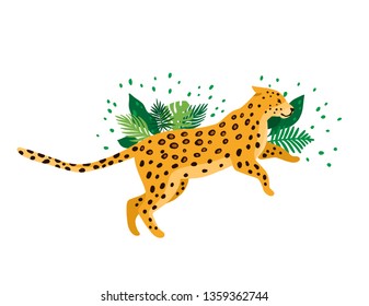 Leopard isolated in white background. Leopard surrounded by tropical palm leaves. Elegant summer vector in trendy style. Can be used poster, greeting card, gift, banner, textile, T-shirt, mug.