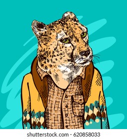Leopard in a jacket. Vector sketch illustration. Drawing by hand. Fashion style.